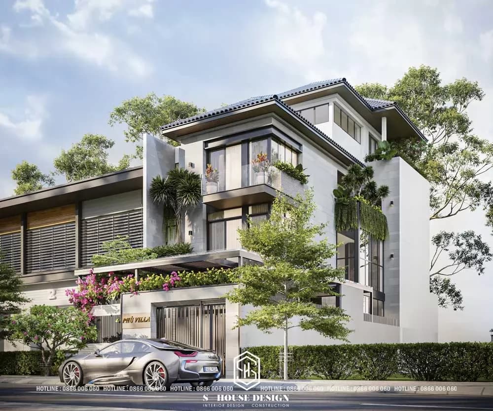 Architectural design of modern Thai roof townhouse with 1 ground floor and 2 floors (1)
