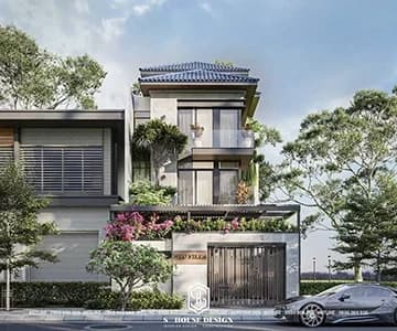 Architectural design of modern Thai roof townhouse with 1 ground floor and 2 floors