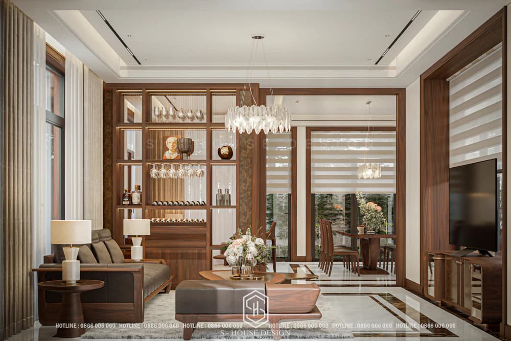 Thiết Kế Thi Công Nội Thất Phòng Khách Gỗ Óc Chó Sang Trọng