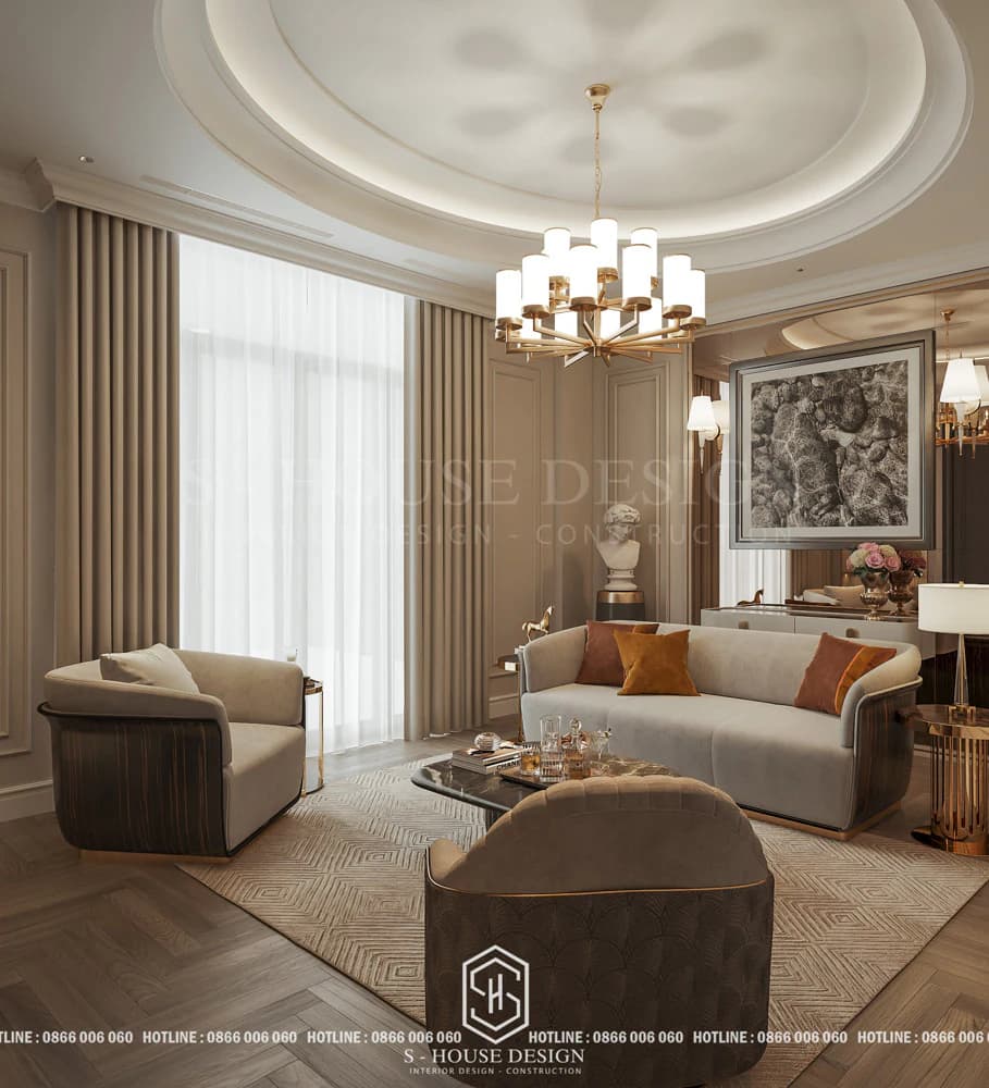 Bố trí bộ sofa nhỏ gọn đối diện bàn làm việc cho gia chủ nghỉ ngơi